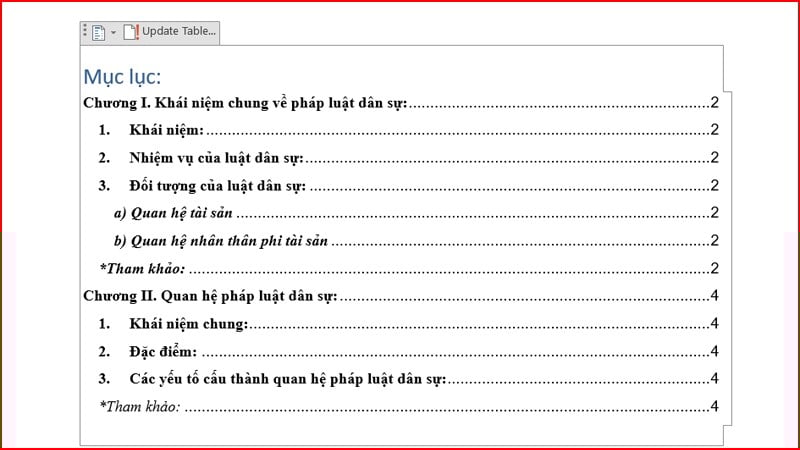 cách tạo mục lục trong Word